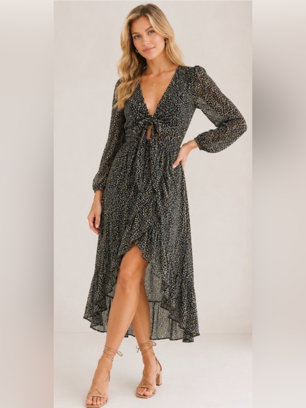 Abercrombie & Fitch Black Floral Tie-Front Midi Dress Xs